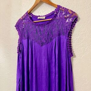 Emerald USA 1X Purple Lace Yoke Midi Dress‎ Sleeveless Pockets Knot Detail
